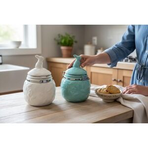 Boston Warehouse Bunny Hinged Jars Set 2 White Aqua Blue New Easter Figural Jars